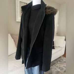 Vintage LL Bean Black Wool-Blend Peacoat Jacket Faux Fur-Trimmed Hood Size L